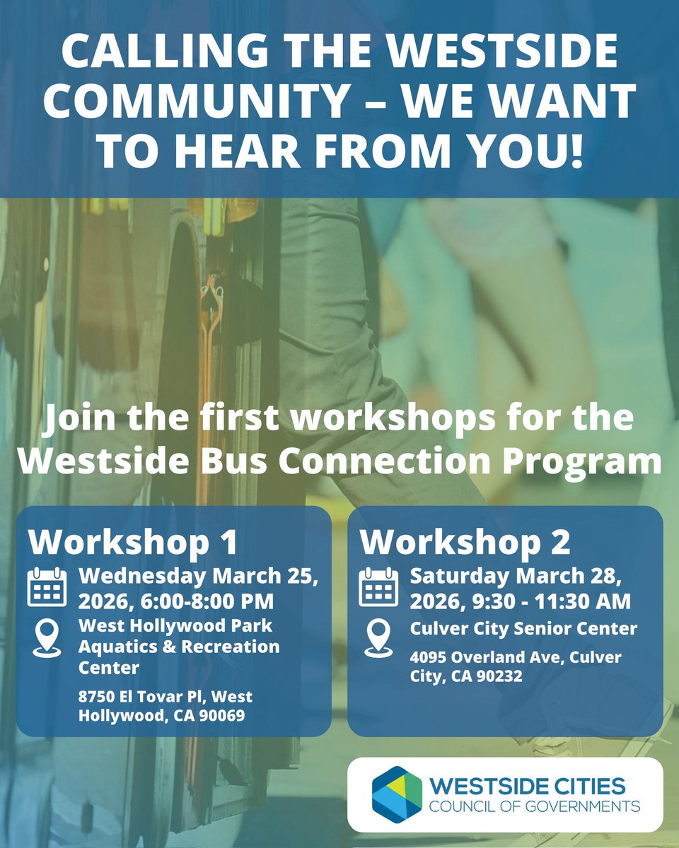 CityofBevHills's tweet image. 🔜 Join one of the workshops to share your thoughts on bus lanes, signal enhancements, and pedestrian safety at bus stops. For more information, visit: westsidecities.org/transportation. 🔗 
#WestsideCities #Transportation #feedback #workshops