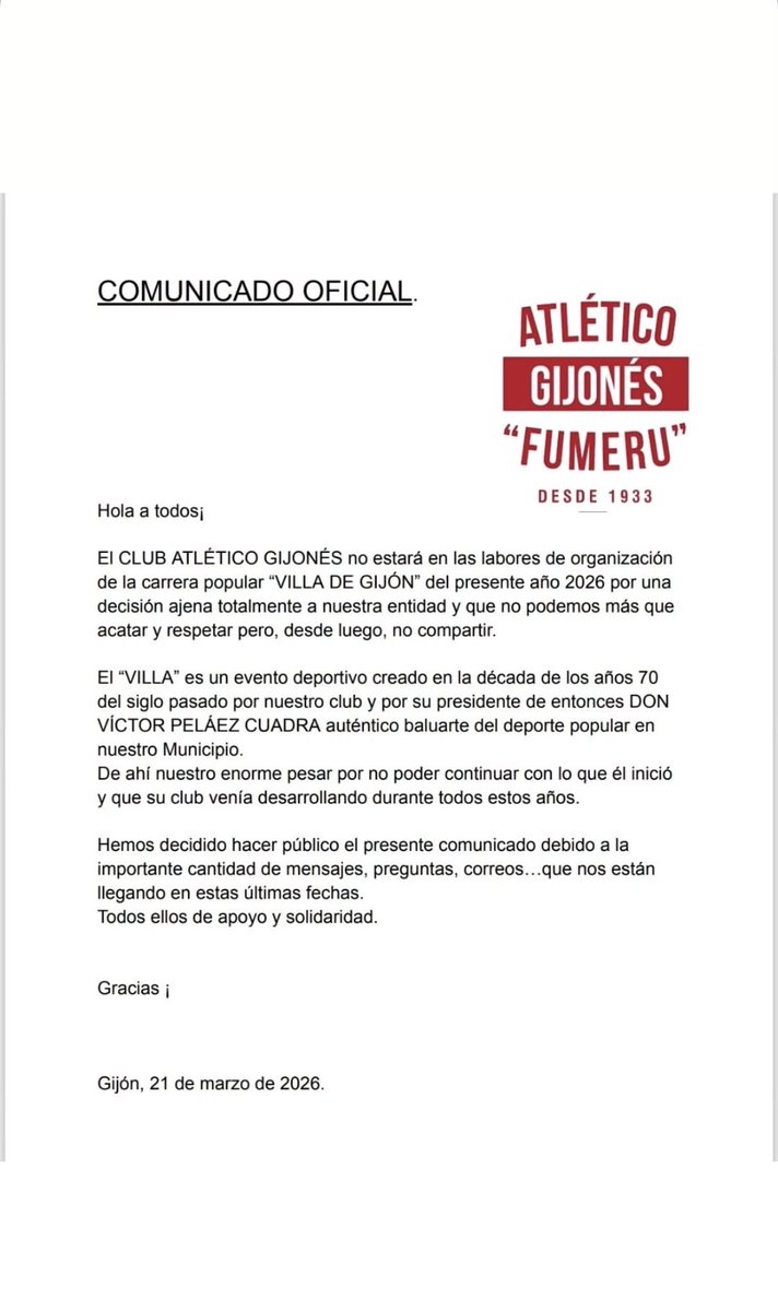 GijonesFumeru's tweet photo. Con un mal sabor de boca pero por aquí os dejamos el comunicado oficial de lo que este modesto club siente por esta prueba donde este año pasa esto https://t.co/rGr7uPds67