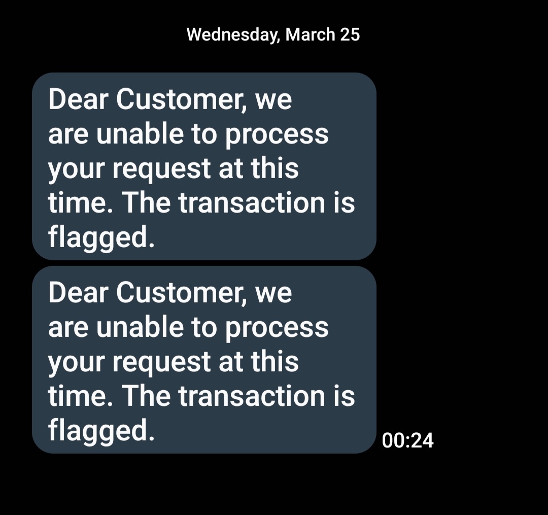 Mabele_N's tweet photo. @Safaricom_Care Why are my transactions being flagged. Kindly sort this issue. It's really incoveniencing. https://t.co/ShbTuSf7jy