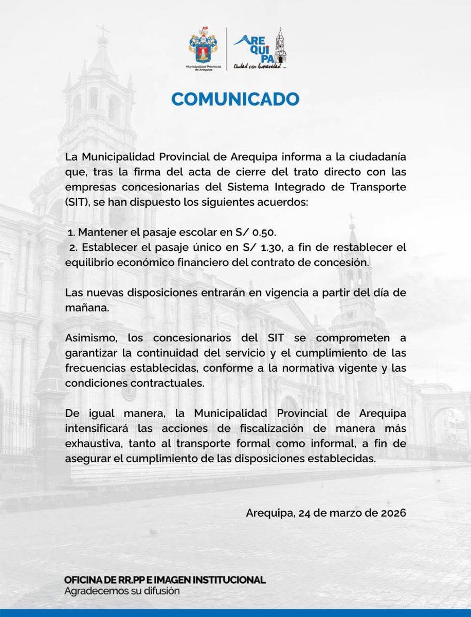 EnterateAqp's tweet photo. Elevan el precio del pasaje urbano a S/1.30 y el escolar se mantiene en S/0.50. Desde este miércoles entra en vigencia esta acuerdo tomado entre la Municipalidad Provincial y las empresas del SIT. ¿Qué opinas? 🤔 

#Transporte #arequipa #Noticias #Peru https://t.co/eZn9SrFsT1