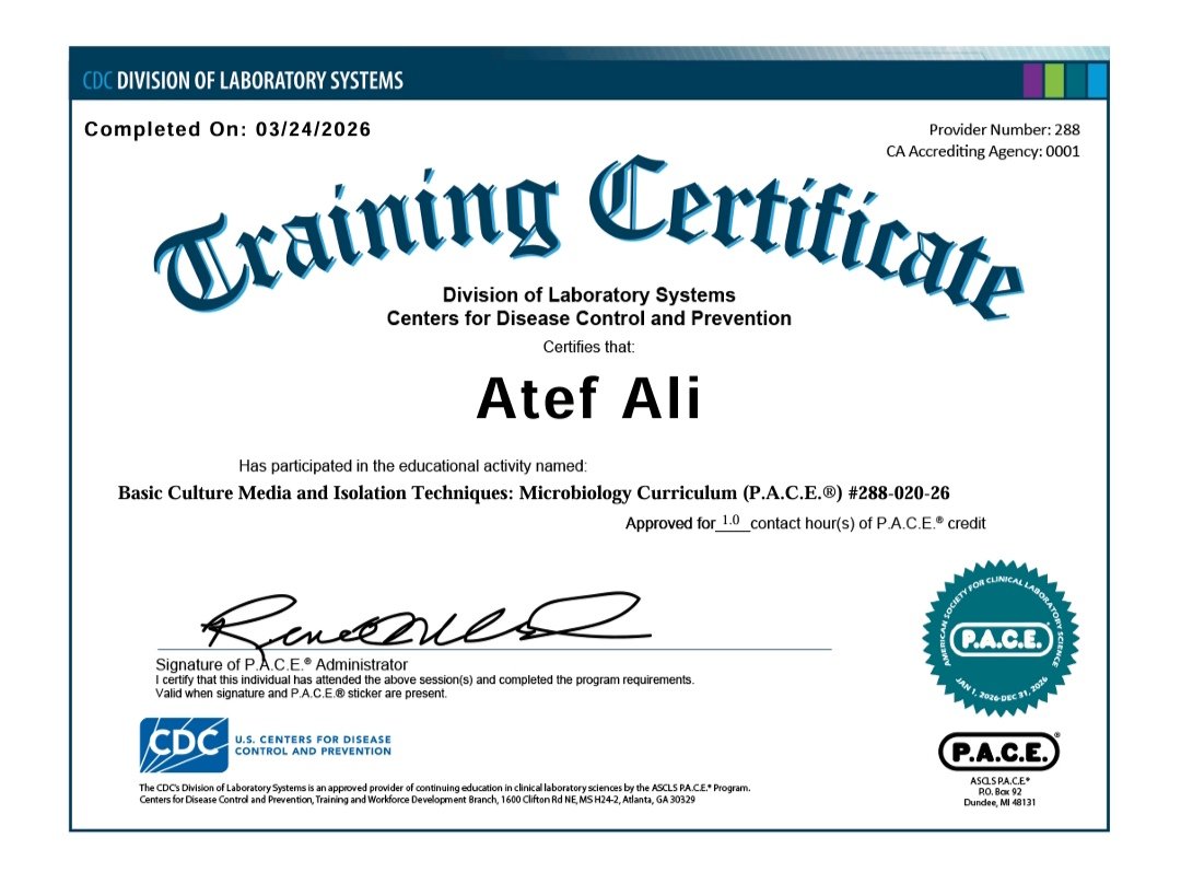 AliMedAtef's tweet photo. يسعدني أن أشارككم إتمامي لبرنامج تدريبي مقدم من Centers for Disease Control and Prevention (CDC) – Division of Laboratory Systems.
🧪 Basic Culture Media and Isolation Techniques: Microbiology Curriculum https://t.co/HMwOjKL5MN