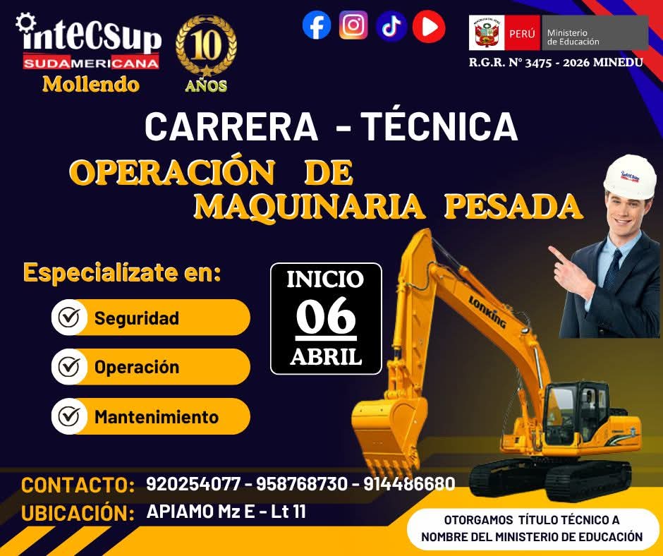 SrvDaniel's tweet photo. INTECSUP MOLLENDO 👩‍🎓👨‍🎓
Estudia Operación de Maquinaria Pesada 🚜🚜
Ingreso Directo "MATRICULATE" ⬅️⬅️
*INICIO CLASES: ✍️✍️
06 de abril  🗓 🗓
Coordinar con secretaria:   
*CELULAR: 920254077  📞📱
WHATSAPP: https://t.co/5PZRg1ZwLx    
Dirección: APIAMO Mz E - Lt 11 - Mollendo. 🏠 https://t.co/MCOVcuHVHt