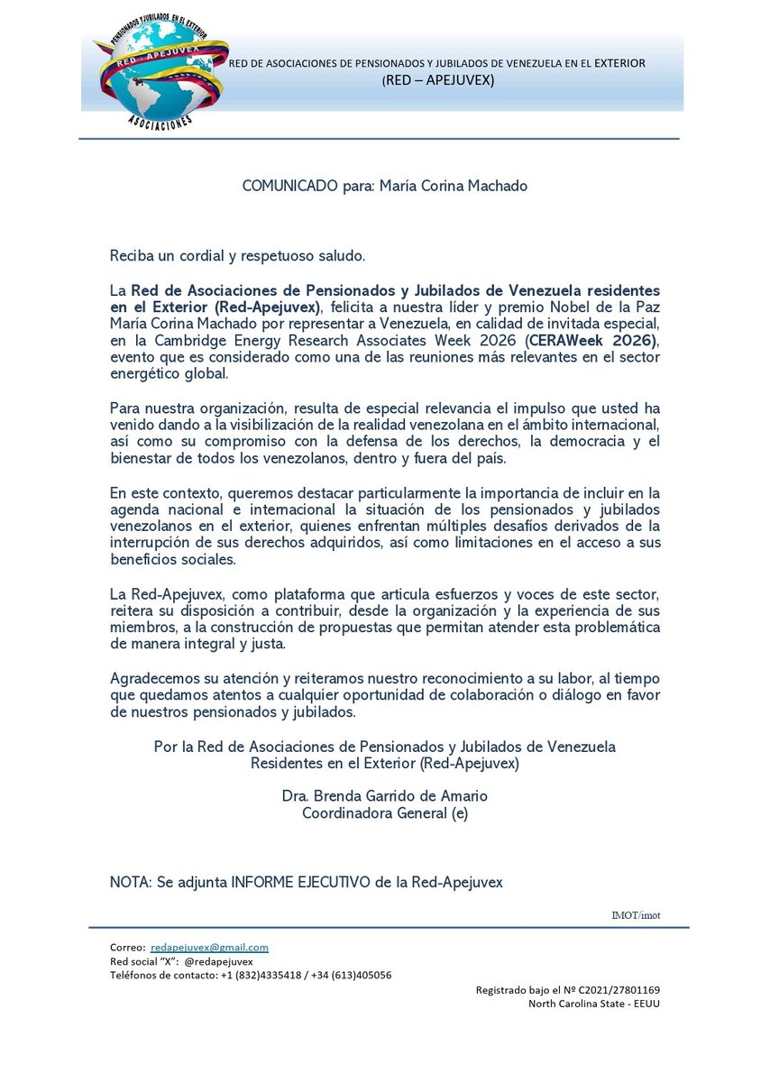 Felicitaciones a nuestra Líder y Premio Nobel de la Paz <a href="/MariaCorinaYA/">María Corina Machado</a> por su participación especial en el #CERAWeek2026, evento comparable a un #SuperBowlEnergetico.
Venezuela a la vista. <a href="/POTUS/">President Donald J. Trump</a>
<a href="/MagalliMeda/">MAGALLI MEDA</a>
<a href="/Urruchurtu/">Pedro Urruchurtu Noselli</a> <a href="/EdmundoGU/">Edmundo González</a>  <a href="/FenajupvPrensa/">FENAJUPV Prensa</a> <a href="/VenteVenezuela/">Vente Venezuela</a> <a href="/danielcuicar/">Daniel Cuicar Pérez</a>