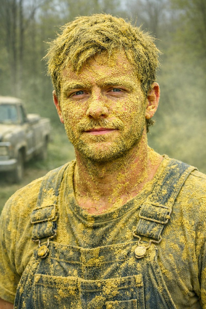 VeteransPartyNC's tweet photo. We break to a live look at the average North Carolinian during #Treegasm 2026. This isn't even the apex of pollen season yet. Another reason to not move to #NC . https://t.co/6dhYs6HMd1