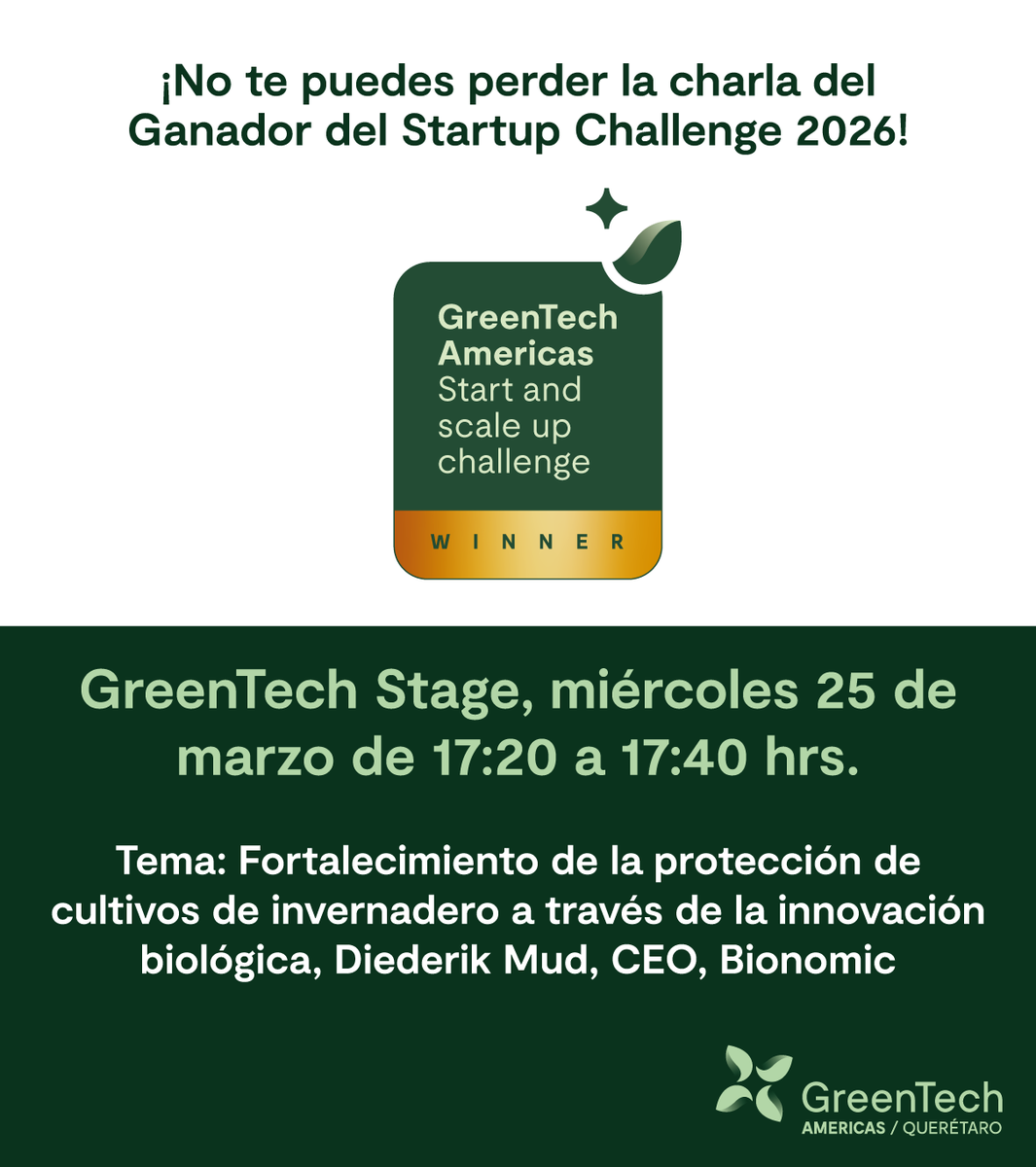 GreenTechAm's tweet photo. ¡Asiste a la plática especializada con Diederik Mud, ganador del Startup Challenge 2026! 

🗓️ Miércoles 25 de marzo | 17:20 a 17:40
📍GreenTech Stage - Piso de exposición, Planta Baja

Sesiones sin costo - Conoce la agenda completa aquí: 👉 https://t.co/e2OF8oTFMW https://t.co/oiXLvKVIoH