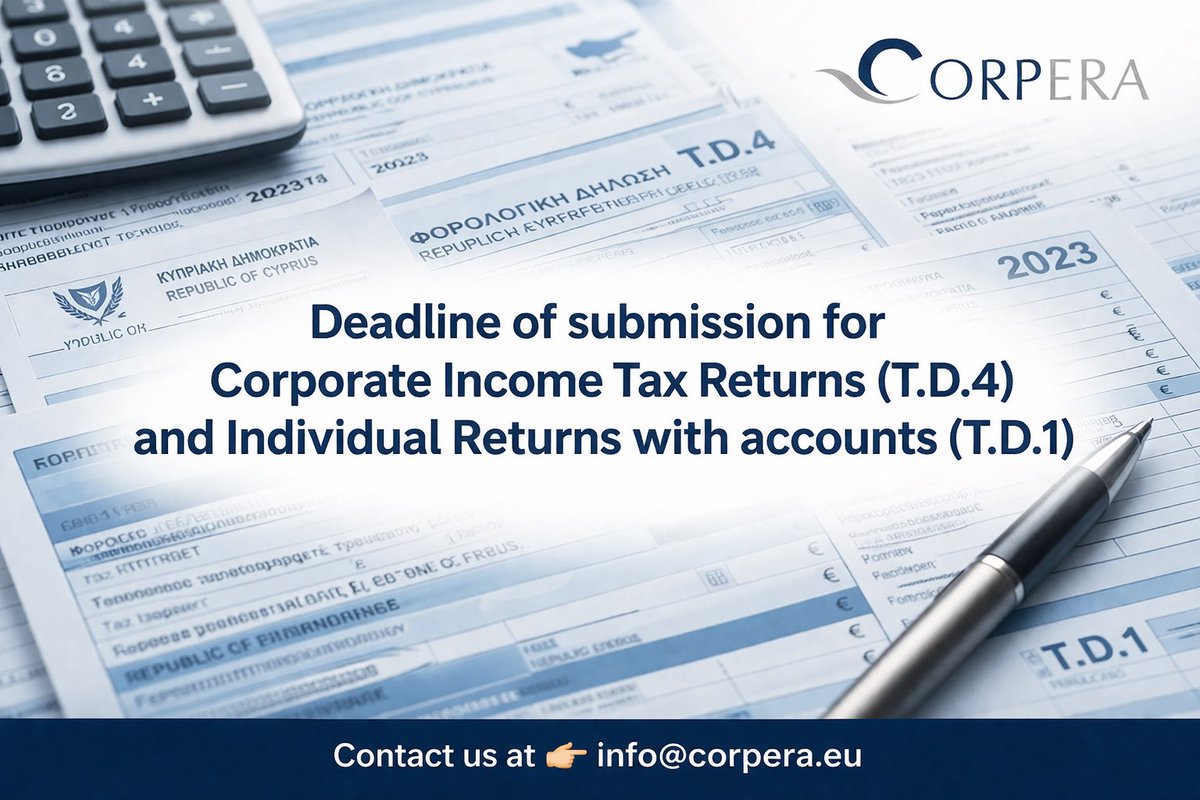 CHCATS_CY's tweet photo. 📢 The deadline for filing of Tax Returns (T.D.4), Individual Returns with accounts (T.D.1) and the SIT for the year 2023 has been officially extended to (no penalties) 30th of April 2026 !!

🗓️ Original deadline was 31 March 2026.

#TaxCompliance #Cyprus #TaxReturns #Accounting https://t.co/8ipH3uwjSV