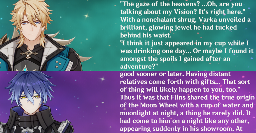 pairedblessings's tweet photo. #varflins 
If these two ever sat down and talked about how they got their Vision and Moon Wheel...
Varka: It just appeared suddenly in my cup.
Flins: It just appeared suddenly in my showroom.
Varka: Haha, you too?
Flins: Hehe, that too. https://t.co/jv7OwjX6x2