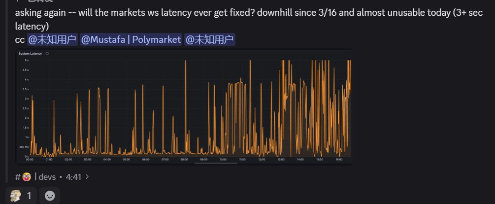 bicklep60's tweet photo. A user just showed Polymarket's WebSocket latency: peaking at 5s today, constantly 3-4s, downhill since 3/16 and totally unusable now.
Right as Polymarket announces expanded fees starting March 30...
Charging fees with this latency?
@Polymarket https://t.co/XVN1ewjvME