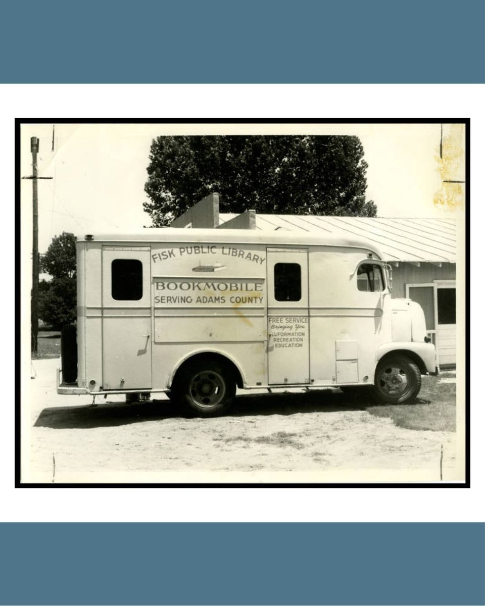 MSLibraryComm's tweet image. MLC 100-in Retrospect! During the 1950s, the Fisk Public Library Bookmobile served the Natchez area. The side of the bookmobile reads “Fisk Public Library Bookmobile Serving Adams County” and “Free Service Bringing You Information, Recreation, and Education.”