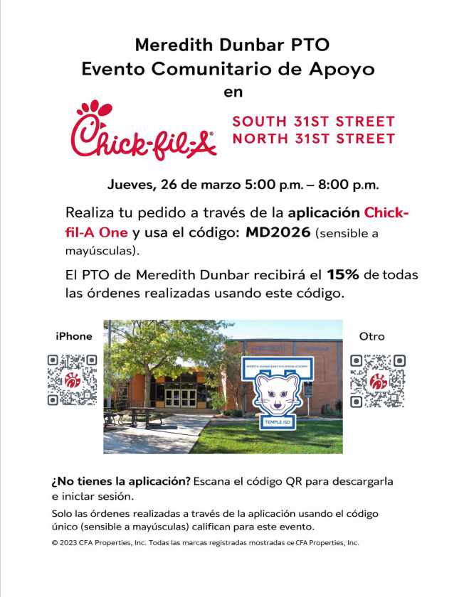MdecaTISD's tweet photo. Meridith-Dunbar PTO is hosting a Community Care Event at Chick-fil-A THIS Thursday! Come out and support your PTO and our school! https://t.co/PBM3uQ7Szs