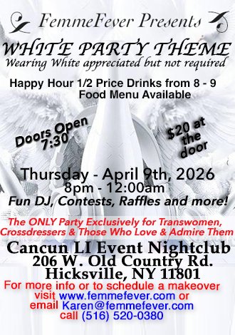 FemmeFever's tweet photo. Thursday, April 9th  FemmeFever White Party Theme! OR Wear anything you want!!!  8pm - 12:00am  (yes you can stay longer or get there a bit earlier) Cancun Long Island Private Event Nightclub 206 W Old Country Rd  Hicksville, NY 11801 https://t.co/GUPml0XgrI