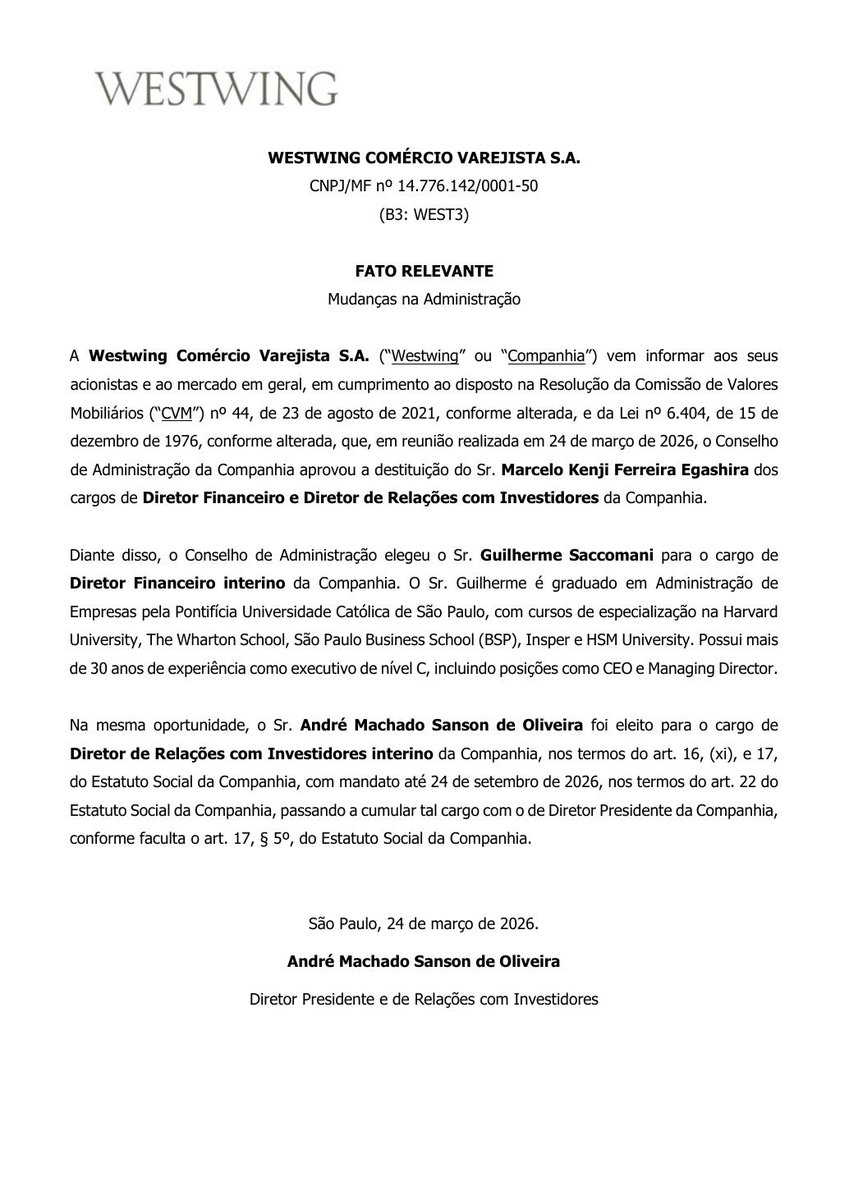 AvisosDaBolsa's tweet photo. WESTWING COMERCIO VAREJISTA S.A. - Mudanças na Administração #WEST3 https://t.co/B4VhISNpjG