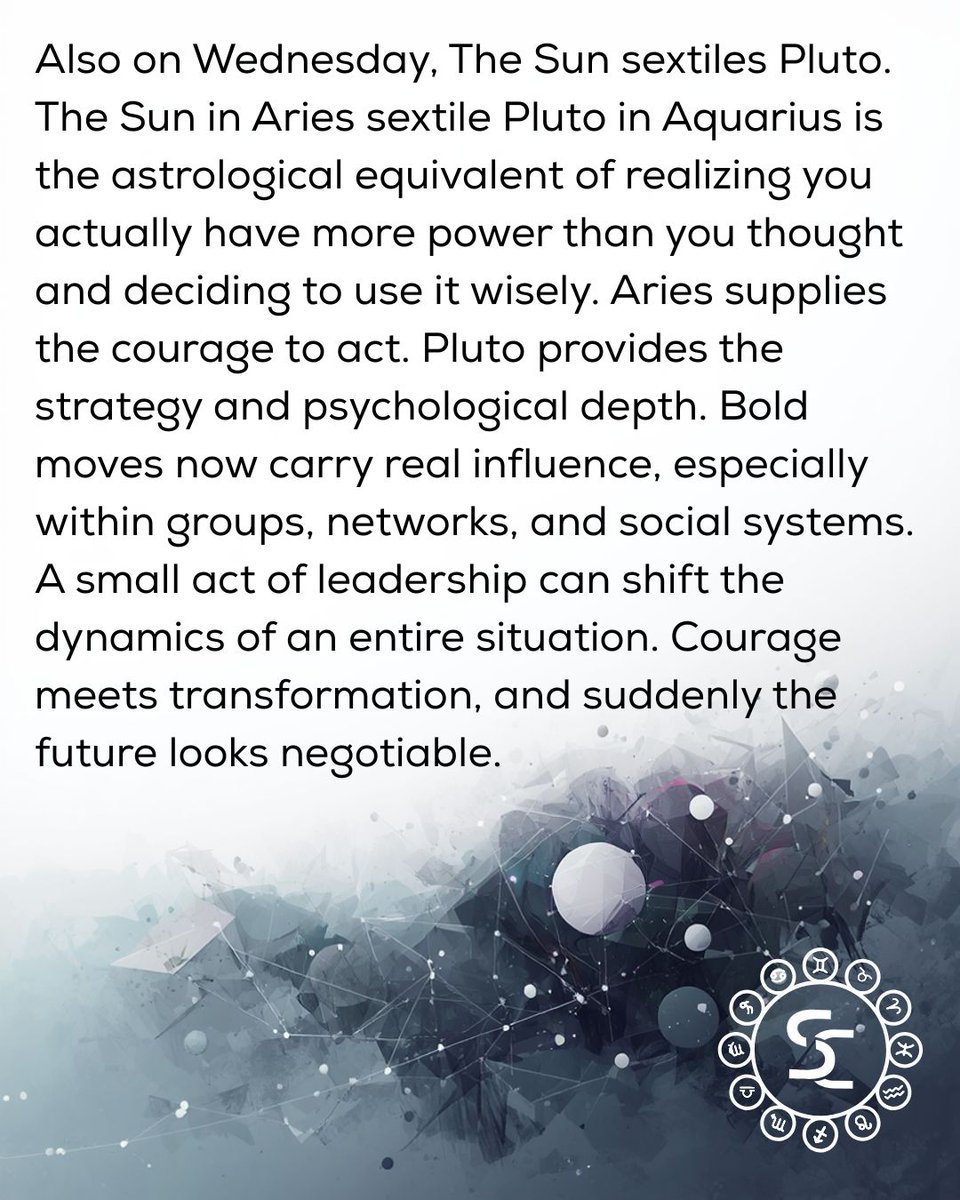 StormCestavani's tweet image. The Sun sextile Pluto hits tomorrow, and suddenly courage comes with strategy. Where are you ready to claim more power and use it wisely? Comment below.

#astrology #horoscopes #AriesSeason