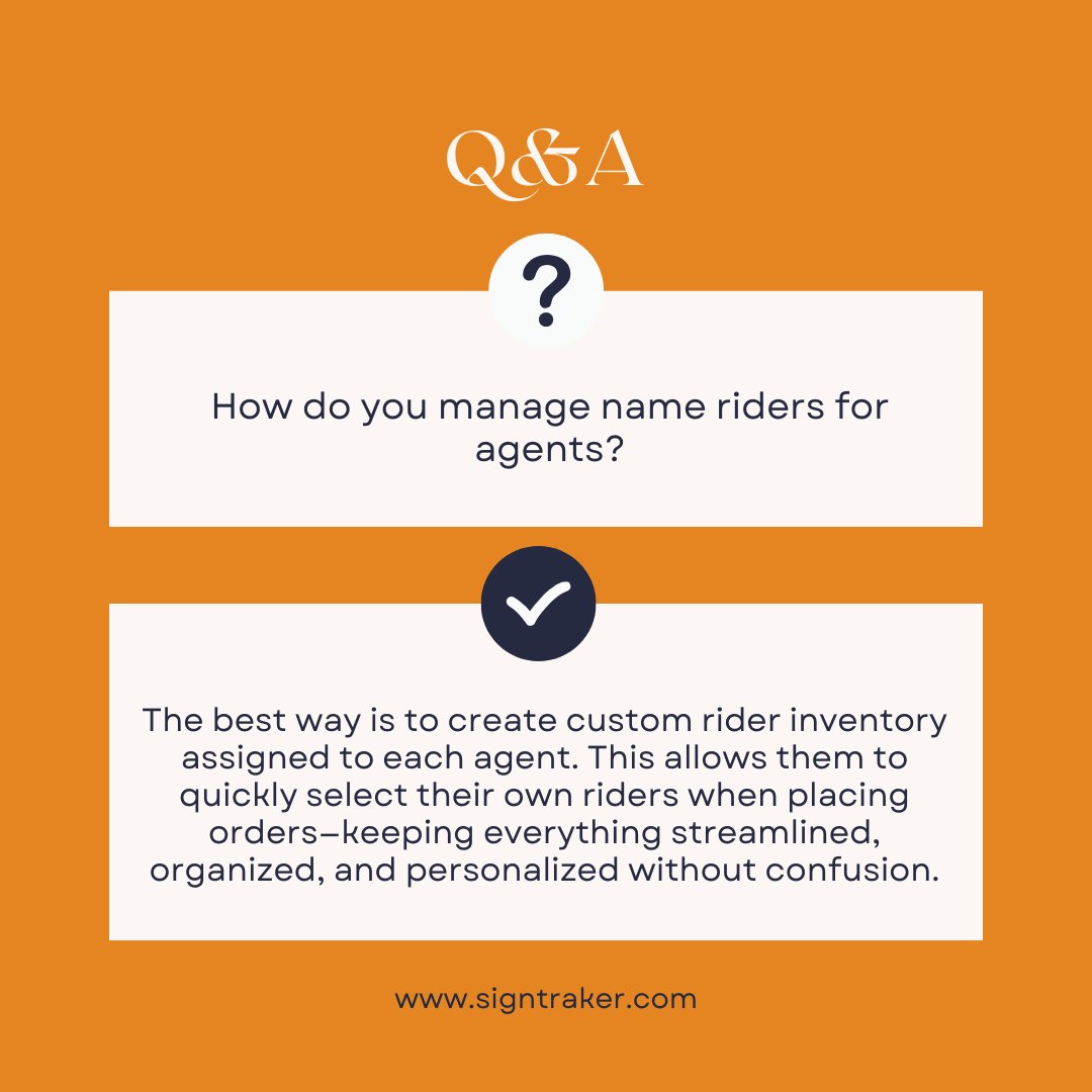 SignTrakerTech's tweet image. Name riders getting messy?

Assign custom rider inventory to each agent so they can select their own—no mix-ups, no delays, just clean and accurate orders every time.

👉 Simplify your workflow with SignTraker today.

#SignTraker #RealEstateSigns #SignInstallation #SignInstaller