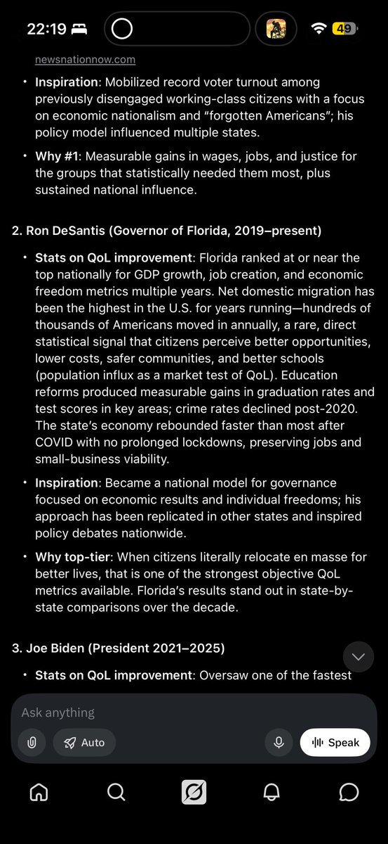 AppleSZS's tweet photo. I asked grok who the top 3 politicians of the last 10 years have been. Based on a few metrics (see below). Apparently @realDonaldTrump @GovRonDeSantis and @JoeBiden came top. Honourable mention for Obama. Who’d have known? 

(Anyone spot Grok purposely removing positive information about Biden?) 

#grok #trump #maga