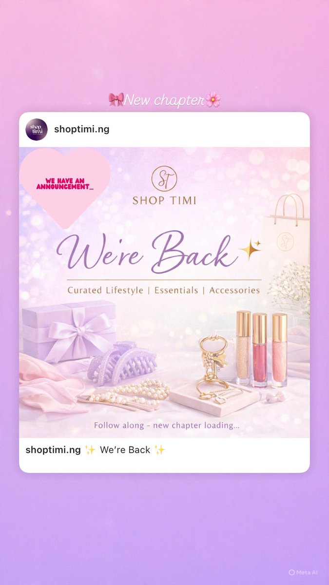 shoptimi_ng's tweet photo. Shop Timi is back ✨
We stepped away from social media, but not from the work.
Built offline. Exhibited. Grew.
Now we’re back online — better and intentional 💜
#ShopTimi #WeAreBack https://t.co/19LhBhPbtR