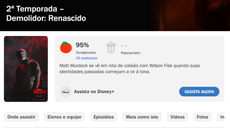 🚨 ACLAMADO! 

A segunda temporada de 'DEMOLIDOR: RENASCIDO' estreou com impressionantes 95% no Rotten Tomatoes.