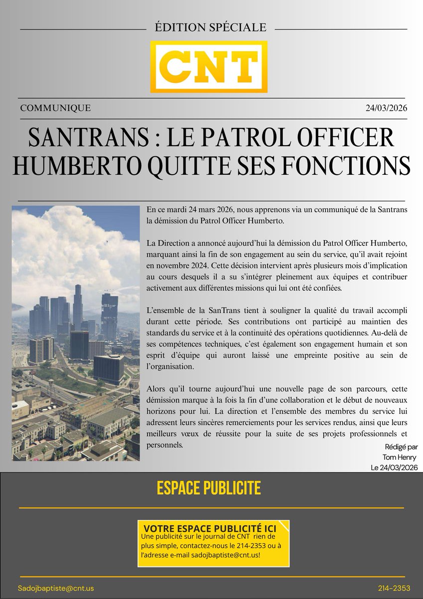 CNT_Sadoj's tweet photo. 🟡 SanTrans : le Patrol Officer Humberto quitte ses fonctions

#Démission #Santrans #LosSantos #CNT #SanAndreas #SADoJRP https://t.co/V0jgd9U3tw