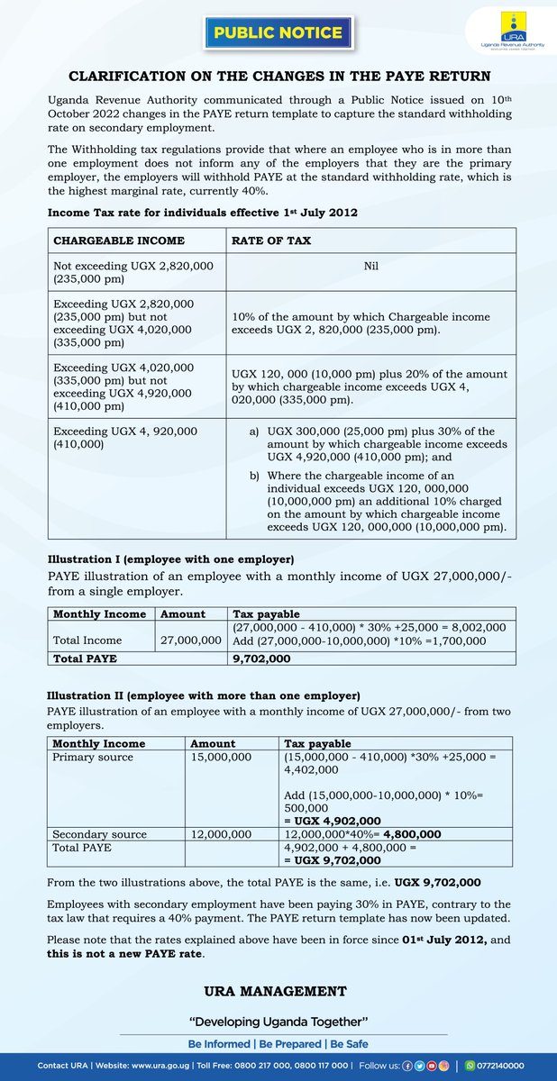 These guidances are from 2022 by <a href="/URAuganda/">Uganda Revenue Authority</a> 

So they have always considered the income above 10 million at a taxable rate of 40%.
The new proposal would make the person earning more than 10 million to pay less tax due to increase in Band 1 which attracts Nill tax.