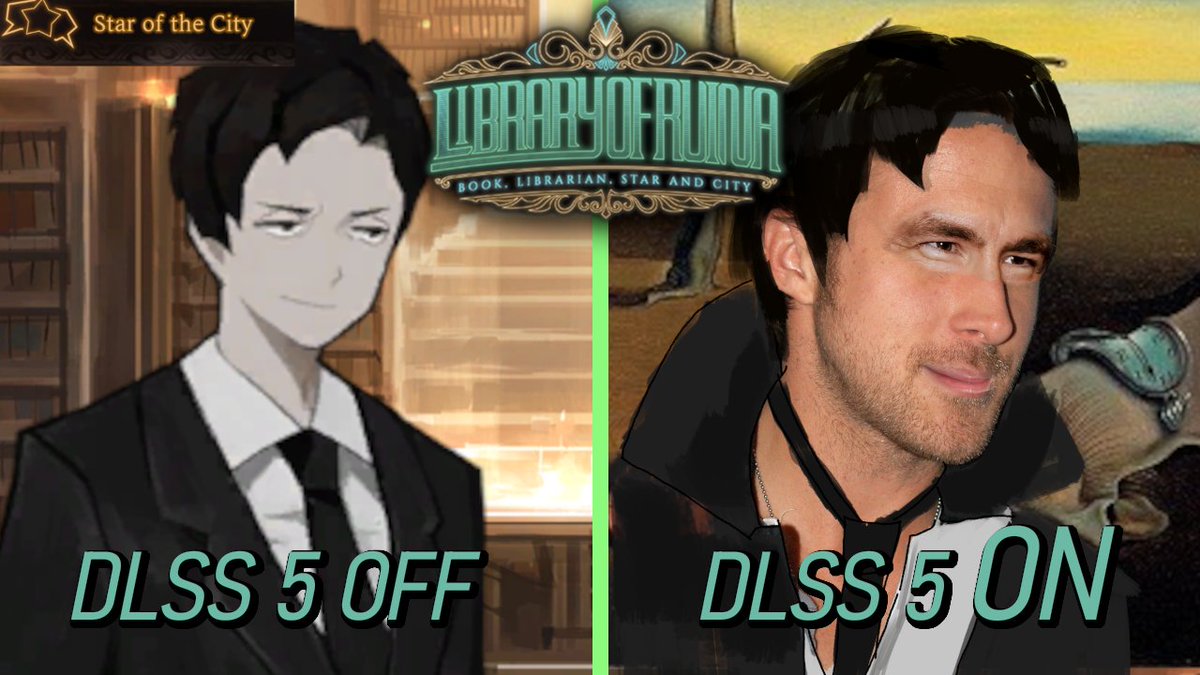 DigitalJoshie's tweet photo. Let's see what golld old Roland in DLSS 5 an.....
OH GOD WHAT DID THEY DO TO HIM???
I'm playing MORE Library of Ruina with DLSS 5 turned off
RIGHT NOW
streaming at
#Youtube https://t.co/SSz6Qa7dgt
#twitch https://t.co/jV3oFQOl1k
Cya There~
#Vtuber #IndieVtuber #ENVtuber https://t.co/IFvLj9xqC2