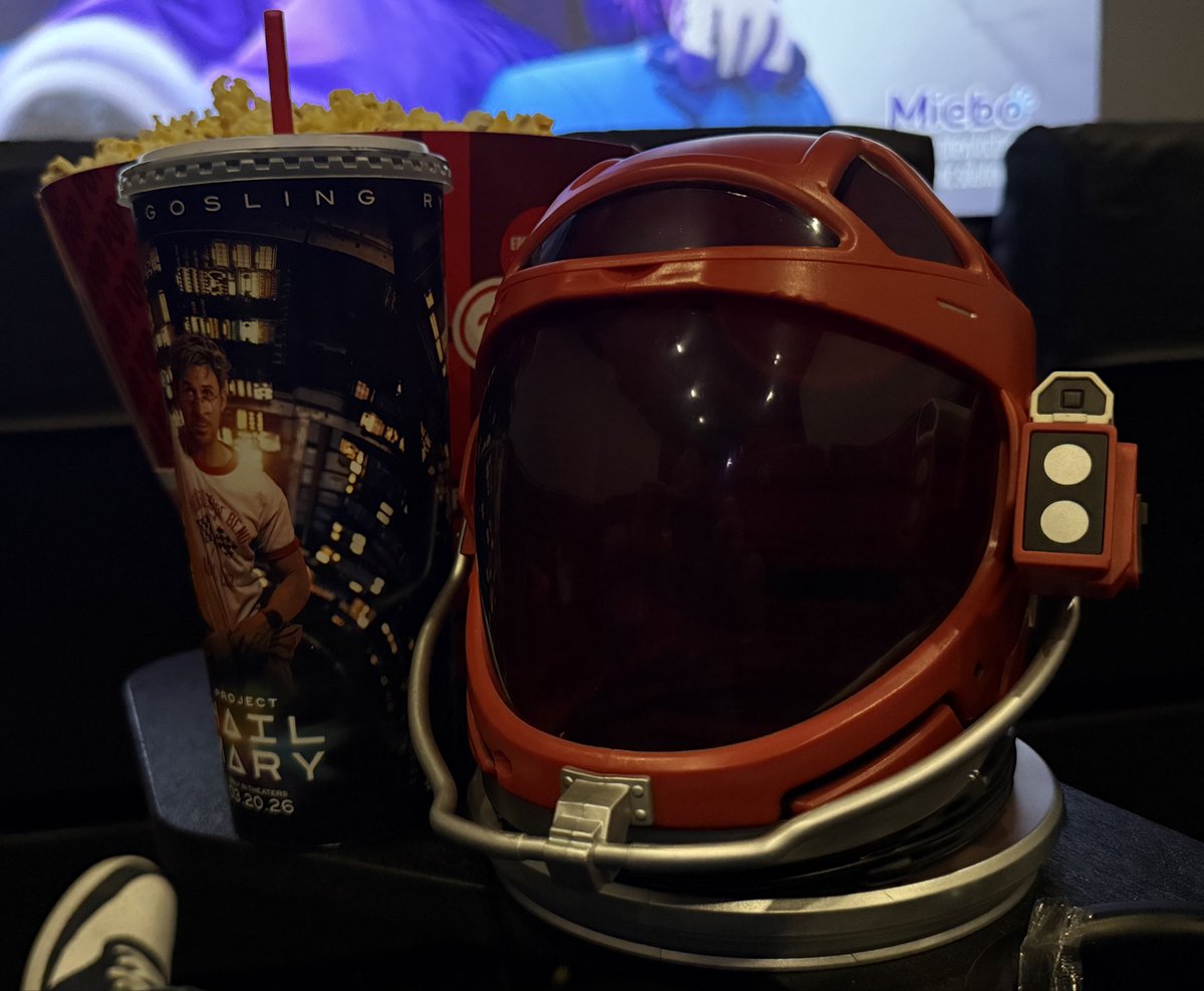KusaVT's tweet photo. @xAiCandyx and I are about to watch #hailmary and picked up the helmet bucket XD hoping it’s good! They had Yoshi buckets for #supermariogalaxy but I couldn’t drop the $50 XD https://t.co/1WyZ9BlYyb