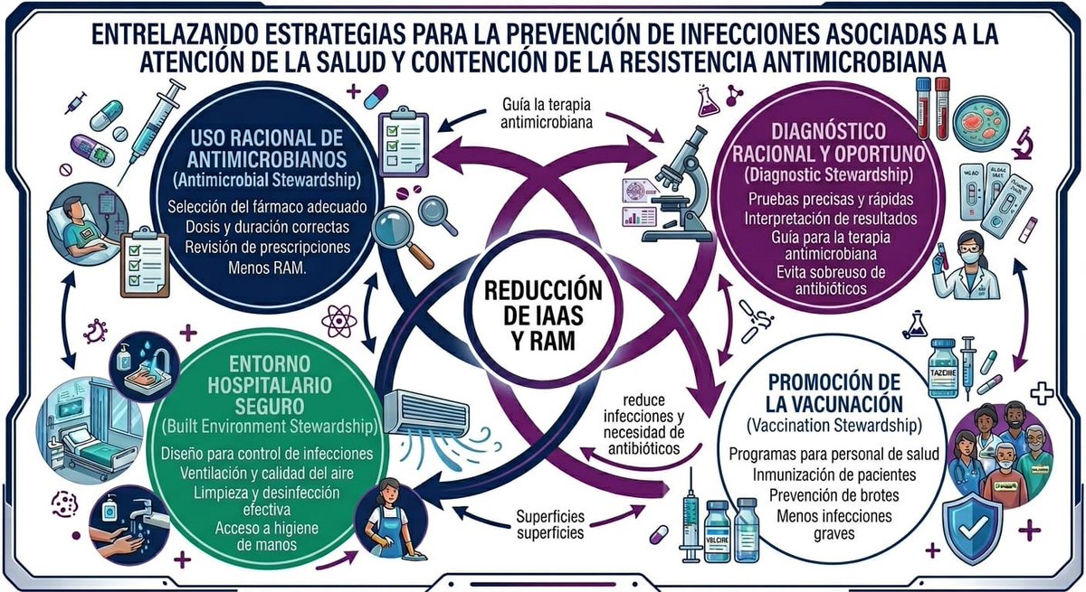 acinnacional's tweet photo. 🛡️ Los "Stewards": Los guardianes de nuestra salud 
¿Sabías que el mal uso de antibióticos y la falta de higiene en hospitales son una amenaza global? Para frenar esto existen los programas de Stewardship (Gestión Proactiva).
Te explico qué son y por qué importan. 👇
🏥 ¿Qué es el Stewardship? 
En medicina, hacer Stewardship significa gestionar con responsabilidad. Es asegurar que cada recurso médico se use de forma inteligente para que no pierda su eficacia.
⚙️ Los 4 pilares: 
Para reducir las infecciones en hospitales, necesitamos que estas 4 piezas encajen:
 Uso correcto de antibióticos : Usar el fármaco adecuado, en la dosis justa y solo el tiempo necesario. ¡Menos automedicación, más ciencia! 💊
 Diagnósticos rápidos: Pruebas precisas para no recetar a ciegas. Si sabemos qué microorganismo es, el tratamiento es certero. 🔬
 Vacunación : Si nos vacunamos, hay menos infecciones graves y, por lo tanto, necesitamos usar menos antibióticos. 💉
 Hospitales seguros: Ventilación limpia, superficies desinfectadas y el paso clave: ¡lavarse las manos! 🧼
👤 ¿ Quiénes son los Stewards? 
Son los profesionales (médicos, enfermeros, farmacéuticos) que actúan como "administradores" de estos recursos. Su misión es evitar que las bacterias se vuelvan invencibles (resistencia antimicrobiana).
 En resumen: Stewardship es trabajar en equipo para que los hospitales sean lugares de cura y no de contagio.
¿Conocías estos términos? @gusroncancio @josemillanonate   #Salud #Antibióticos #Prevención #IAAS
