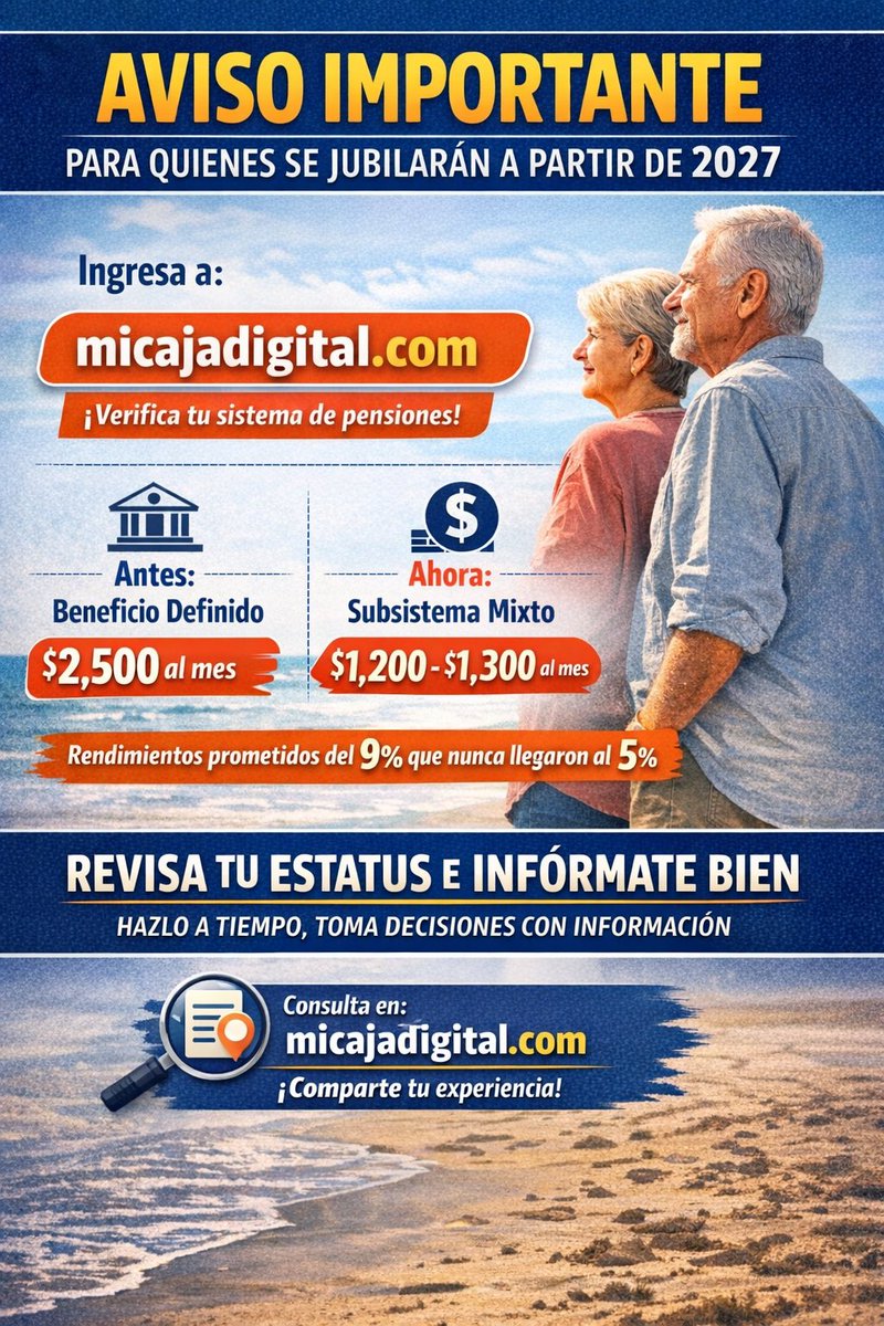 AlvaroAlvaradoC's tweet photo. Aviso importante para quienes se jubilarán a partir de 2027

Si usted está próximo a jubilarse a partir del año 2027, es importante que ingrese al portal https://t.co/QdRAHbJbHI y verifique en qué sistema de pensiones se encuentra actualmente. Muchas personas se trasladaron en su momento del Sistema de Beneficio Definido al Subsistema Mixto, y es ahora cuando algunos están empezando a notar las implicaciones reales de esa decisión.

Existe preocupación porque varios futuros jubilados podrían llevarse una sorpresa al conocer el monto estimado de su pensión mensual. Se están observando casos de personas que, de haberse mantenido en el sistema de beneficio definido, podrían haberse jubilado con pensiones cercanas a los 2,500 dólares mensuales, pero tras haberse cambiado al sistema mixto —en muchos casos en el año 2006, ya sea por expectativas de mejores rendimientos o por falta de información adecuada— hoy proyectan pensiones de 1,200 a 1,300 dólares mensuales.

En ese momento se habló de rendimientos estimados cercanos al 9%, sin embargo, en la práctica estos rendimientos no habrían alcanzado ni siquiera el 5% en muchos casos.

Por eso, la recomendación es clara: revise su estatus, infórmese bien y tome decisiones con conocimiento de causa. Verificar a tiempo puede ayudarle a entender mejor su realidad financiera de cara a la jubilación.

Revise su información y compártame su experiencia.