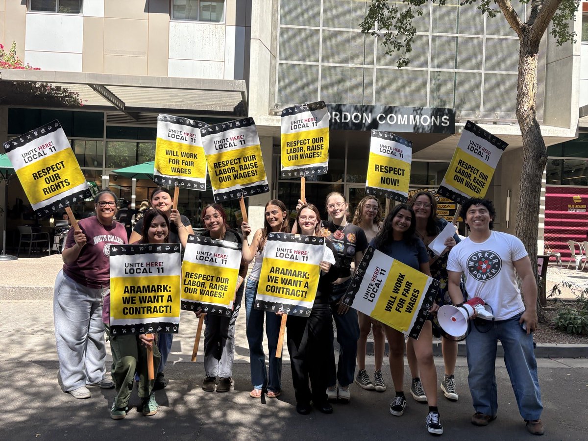 UNITEHERE11AZ's tweet photo. Workers with @Aramark are picketing on ALL 4 @ASU campuses! 
Workers have been fighting for better wages, better benefits, a safe workplace, and they won’t stop until @aramark gives them to contract they deserve! #strongerwithlocal11 #sísepuede #eatlikeadevil #PicketLikeADevil https://t.co/X23ChI0fAj
