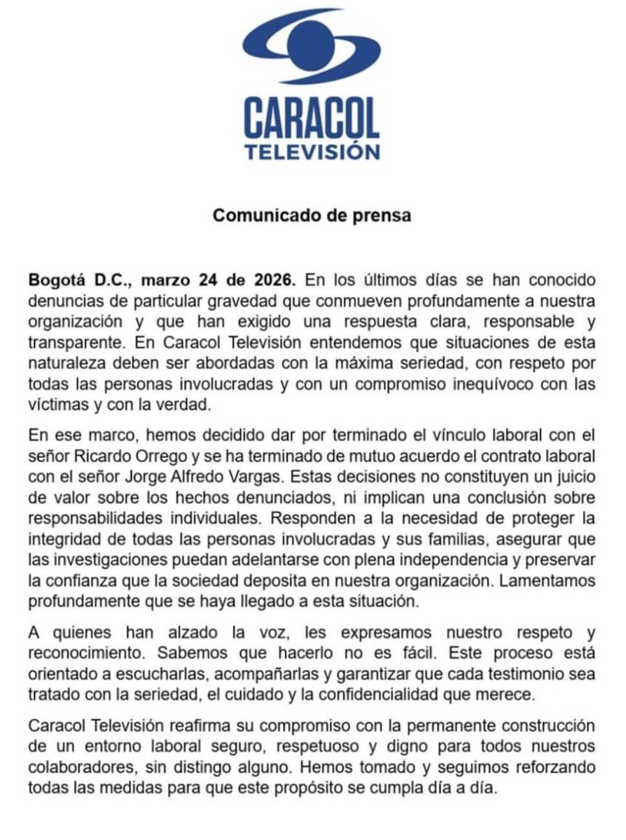 El canal <a href="/CaracolTV/">Caracol Televisión</a> quiere hacerle ver al país que ellos son los “enjuiciadores” cuando está demostrado que las conductas de acoso han sido sistemáticas.
Pretenden que la gente vea esto como un acto de heroísmo cuando es lo mínimo que les corresponde.
Le toca a la <a href="/FiscaliaCol/">Fiscalía Colombia</a>