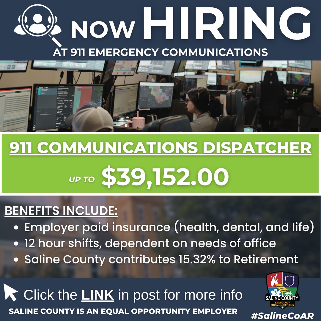 🚨 Join Our Team 🚨

Our 911 dispatchers are the FIRST first responders—the calm voice when it matters most.

Now hiring 911 Communications Dispatchers
💰 Up to $39,152
Apply now 👇
salinecounty.bamboohr.com/careers/204?so…
#SalineCoAR