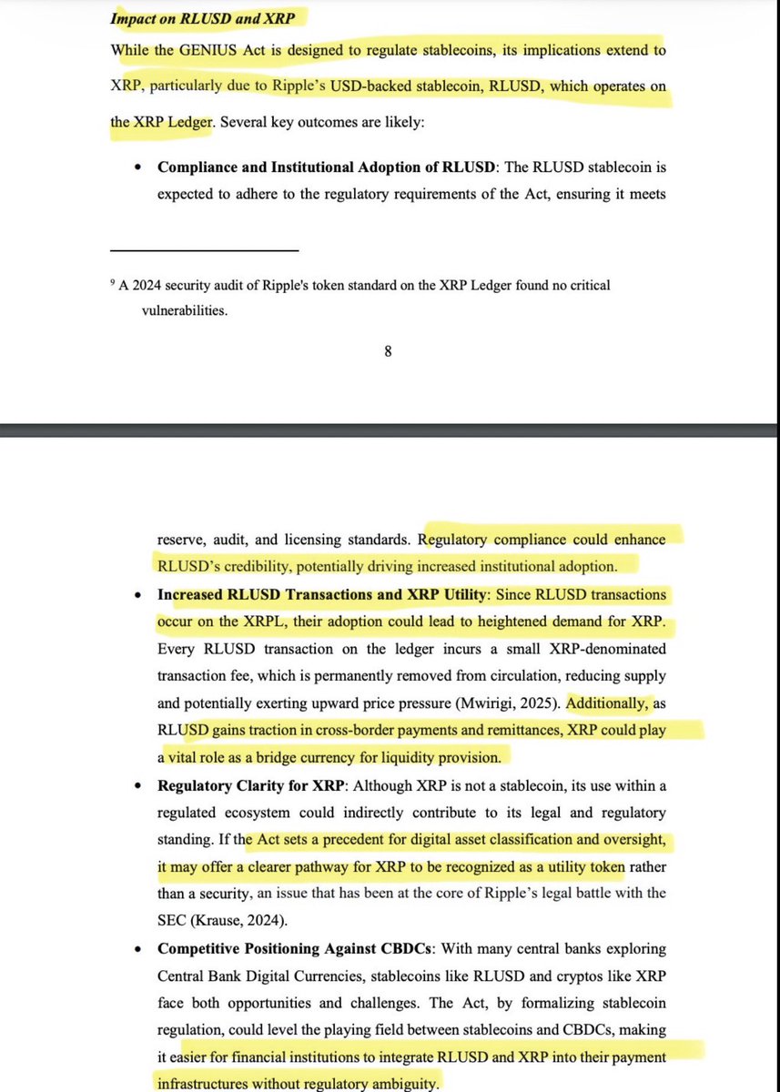 SMQKEDQG's tweet image. ‼️THE GENIUS ACT IMPLEMENTATION IN JULY 2026 WILL EXTEND XRP’S UTILITY THROUGH RLUSD‼️

“While the GENIUS Act is designed to regulate stablecoins, its implications extend to XRP, particularly due to Ripple's USD-backed stablecoin, RLUSD, which operates on the XRP Ledger.”✅