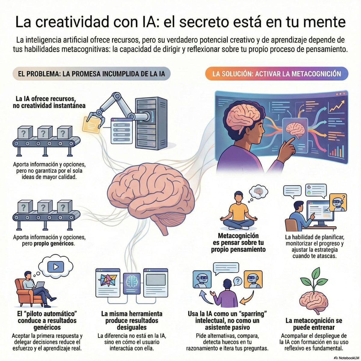 netlearning20's tweet image. La IA no garantiza #creatividad. La metacognición, sí.
Como señala Silvia Prieto (a partir de un artículo de Harvard Business), la #IA aporta recursos, pero la diferencia está en cómo pensamos mientras la usamos: planificar, cuestionar, comparar y ajustar. 👉