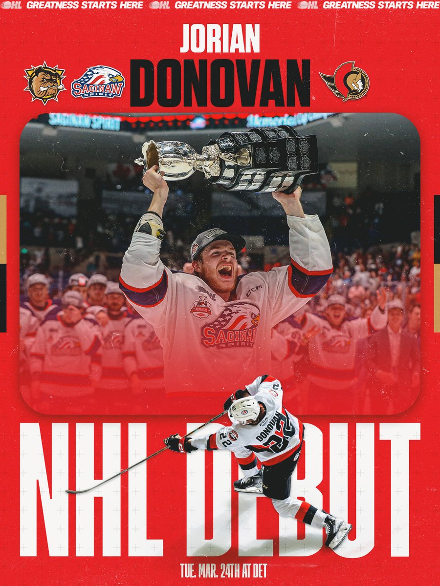 OHLHockey's tweet photo. Full circle moment for the Donovan family with Ottawa! 👏

Congrats to @BulldogsOHL &amp; @SpiritHockey alumnus Jorian Donovan on making his @NHL debut with the @Senators.

DETAILS 🗞️: https://t.co/pQ1PJWksps https://t.co/FBX80FZbHY