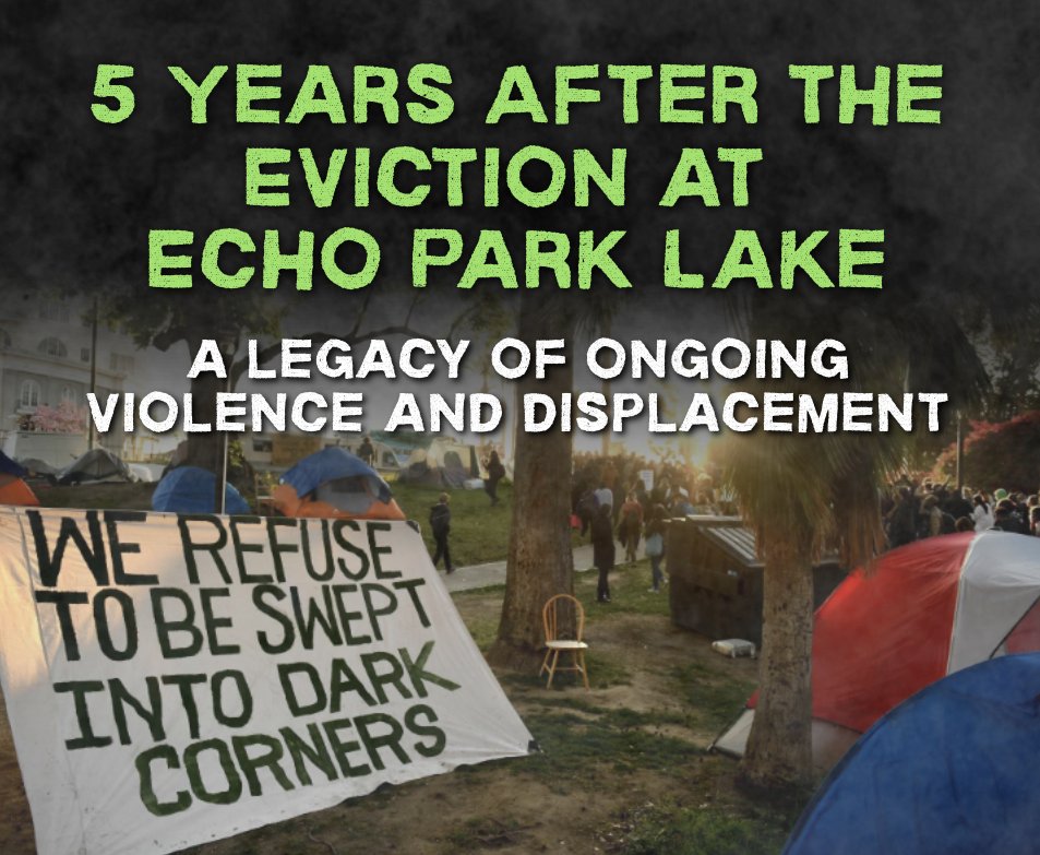 lastreetcare's tweet photo. On March 24 and 25, 2021, Councilmember Mitch O'Farrell ordered the militarized eviction of the community that lived at Echo Park Lake for 18 months.

O'Farrell is gone, but the eviction's legacy of criminalization and displacement continues in his former district and beyond. https://t.co/YrWvB4tjbD