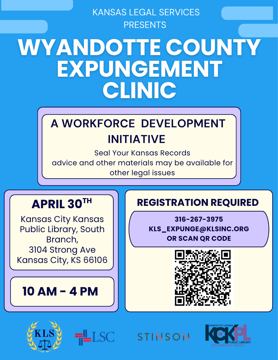 KLSforkansas's tweet photo. KLS is partnering up with The Kansas City Public Library and Stinson LLP for an expungement clinic on April 30th. Register today! https://t.co/GqL97btn7I