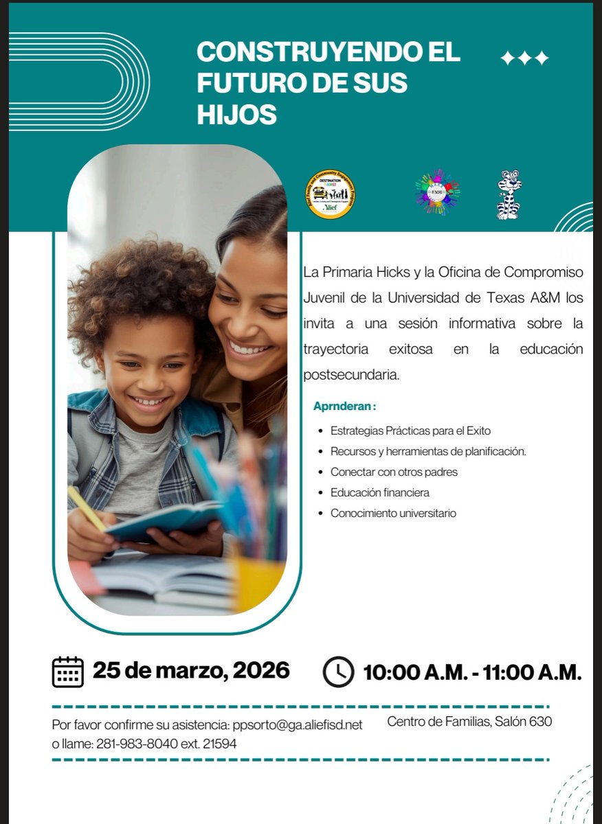 PatriciaSorto1's tweet photo. Empiece a planificar el futuro académico de sus hijos. Durante esta sesión recibirá recursos valiosos. Más detalles en el volante adjunto. @HicksTigers @Alief_Fame https://t.co/WW0mWTUUmw