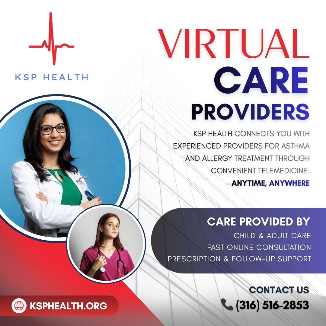 KSPHealth's tweet photo. Get connected with qualified doctors for asthma &amp; allergy treatment through easy telemedicine.

Adult &amp; Child Care
Fast Online Consultation
Prescription &amp; Follow-up Support
Anytime, Anywhere

📞 (316) 516-2853
🌐 https://t.co/ptBkQJyMzu
#KSPHealth #Telemedicine #VirtualCare https://t.co/2U4n4xtbnx