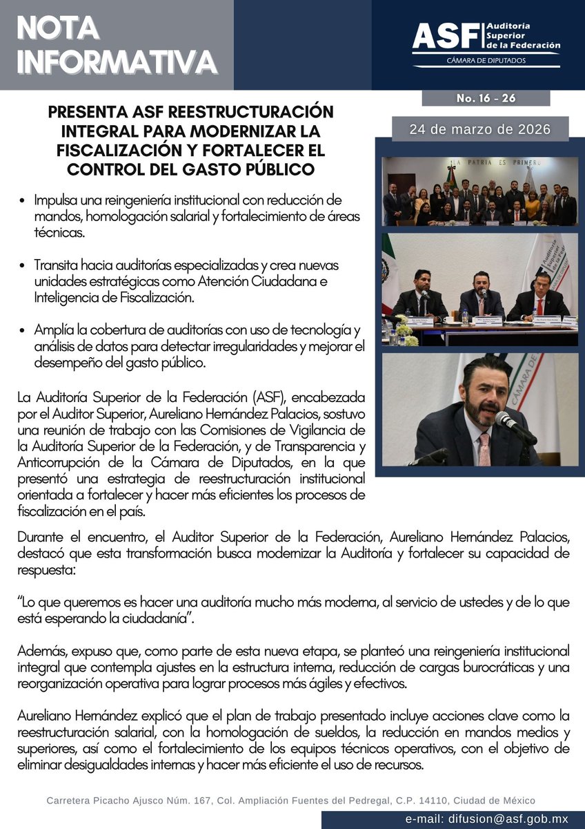 ASF_Mexico's tweet photo. #Boletín ✒️  | Presenta #ASF reestructuración integral para modernizar la fiscalización y fortalecer el control del gasto público.

#BoletínASF #CVASF @Mx_Diputados @JavierHerreraMx https://t.co/kJxqslCq1L