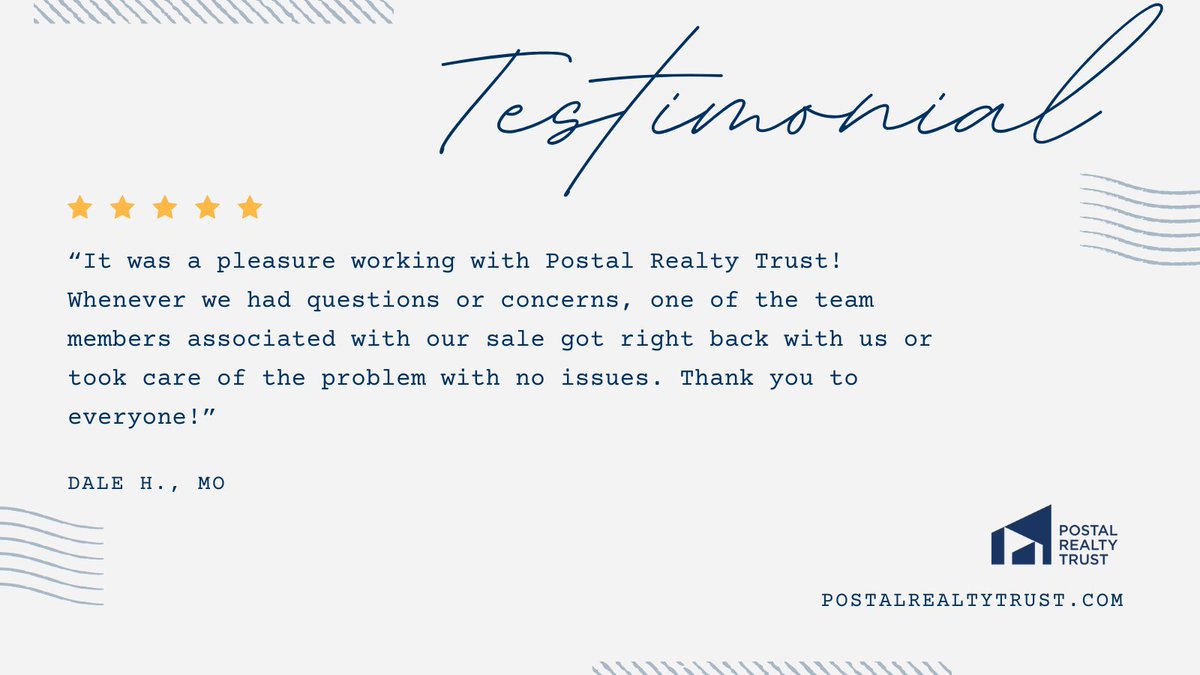 PostalRealty's tweet photo. We take pride in creating win-win solutions for postal property owners. Thank you for sharing your experience. 

Thinking about selling? See what other owners had to say about working with us at https://t.co/zaC3hVyQZO

#PostalProperties #PostOfficeProperties #REIT https://t.co/rGbDLppfGD