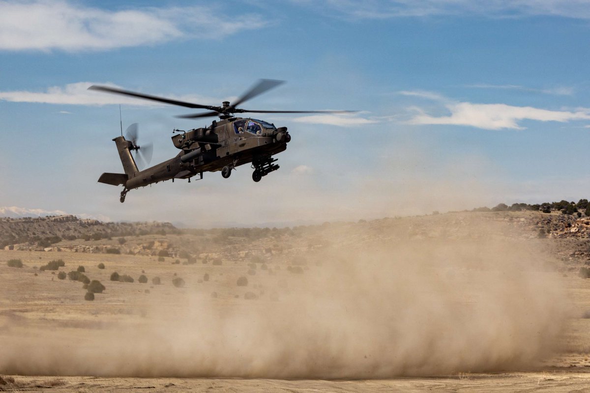 Army_Aviation's tweet photo. U.S. Army Soldiers conduct aerial gunnery with AH-64E Apache helicopters at Fort Carson, Colorado, on March 10, 2026. The training improved crew proficiency and readiness. Photo courtesy of DVIDS, Cpl. James Robinson. https://t.co/qUpZUwh18j