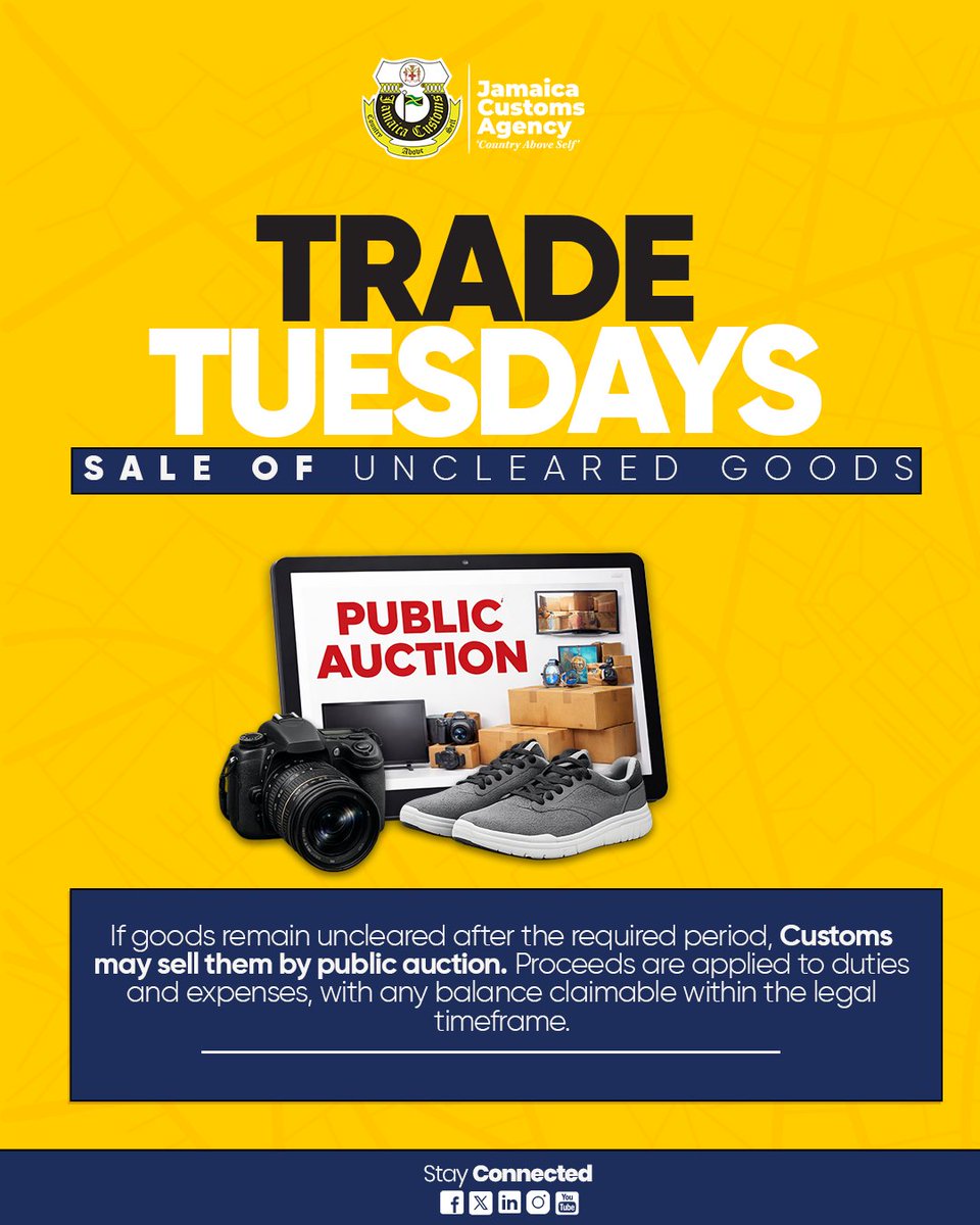 jamaicacustoms's tweet photo. Not every package makes it home… 

Uncleared goods may be sold by public auction, with proceeds covering duties &amp; expenses. Any balance can still be claimed within the legal timeframe.

Stay informed. Stay compliant. #KnowYourCustoms https://t.co/h7eTA2OeYl