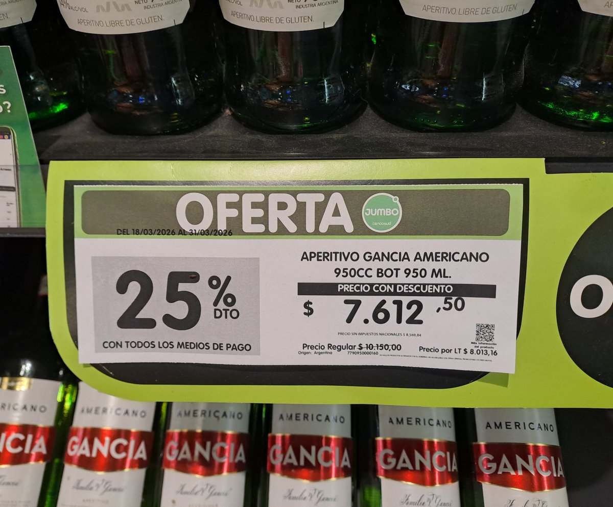 horacioalonso16's tweet photo. "Índice Gancia": Picardía de Jumbo. En febrero, lo tenían a $8.850 como precio pleno. Hoy había "promoción" con descuento d 25% . Pero con precio base d $10.150!!! Lo subieron $1.300 para la "oferta". Con descuento queda a $7.612. La semana pasada lo compré a $7.150 en Carrefour https://t.co/b5UfDPPmLT
