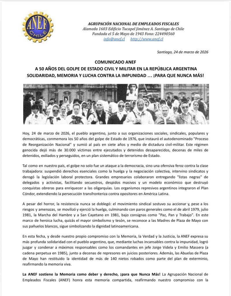 anefchile's tweet photo. Para que nunca más en nuestra #americalatina y el mundo, recordamos los 50 años del golpe de Estado en la hermana República de la #Argentina
#GolpeDeEstado #operacioncondor #clate #anef https://t.co/Ar9aDAsrON