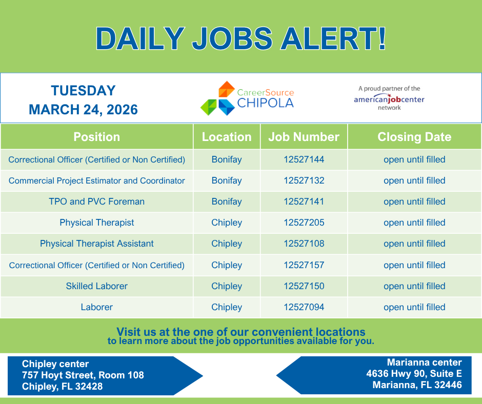#Jobseekers check out the jobs available in your area!

#BonifayFL #HolmesCountyFL #ChipleyFL #WashingtonCountyFL
#JobsNearMe #OpportunityKnocks #CSCWorks
