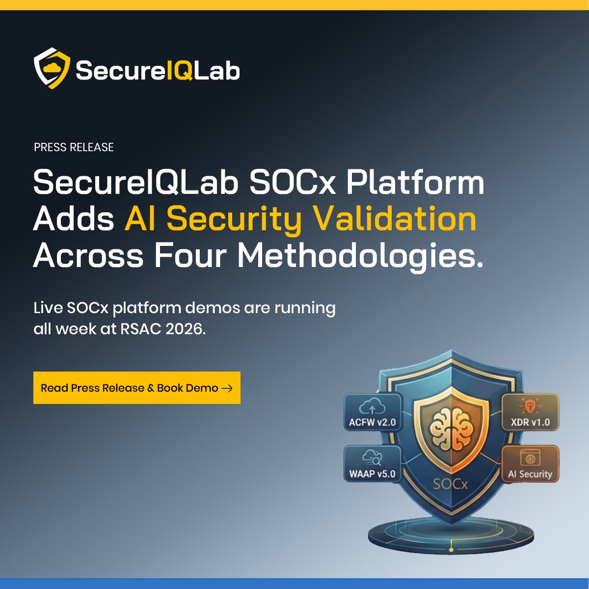 SecureIQlab's tweet photo. 𝗔𝗰𝗰𝗼𝘂𝗻𝗰𝗲𝗱 𝘁𝗼𝗱𝗮𝘆: SOCx expanded—AI Security is our 4th methodology. 32 validation scenarios. Testing starts in April. Results targeted for Black Hat  USA 2026.🛡️

Demos at #RSA2026:
📅 https://t.co/rU5J0RxloX

Read the press release here:
📰 https://t.co/Uo0NQVmYJB https://t.co/RepxAFiSJC