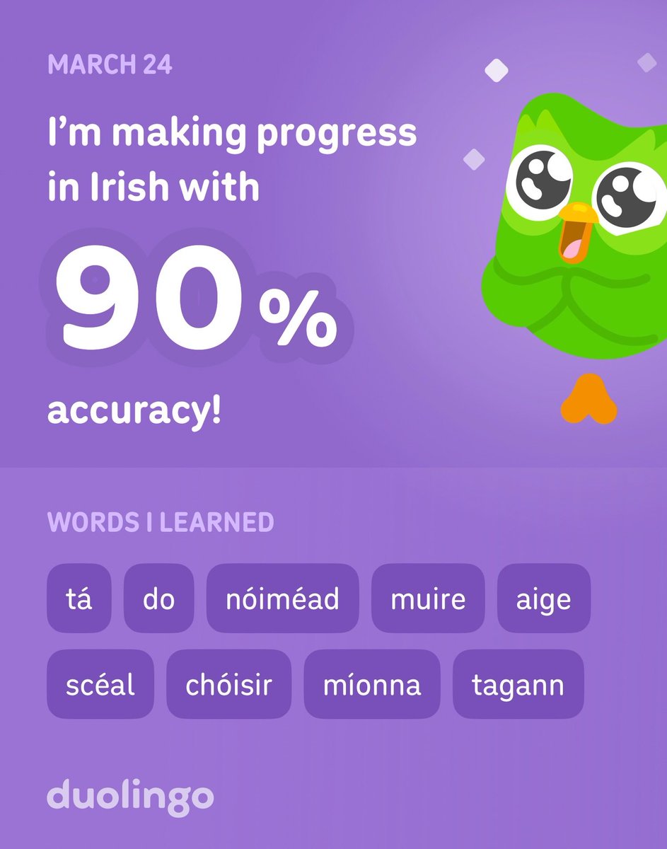 GoKingsGoJen's tweet photo. I’m learning Irish on Duolingo! It’s free, fun, and effective. https://t.co/8E9p475STR