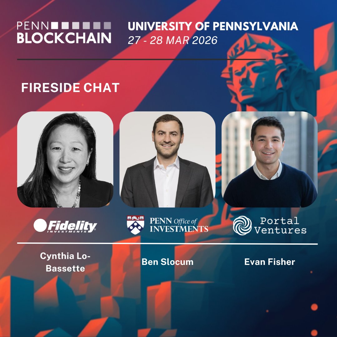PennBlockchain's tweet photo. Join Cynthia Lo Bessette (@DigitalAssets) and Ben Slocum (Penn Office of Investments) for a fireside chat moderated by @evanbfish of @portalventures — one of the most compelling conversations on the institutional frontier at #PennBlockchainConference. https://t.co/jaQjBhsMOq