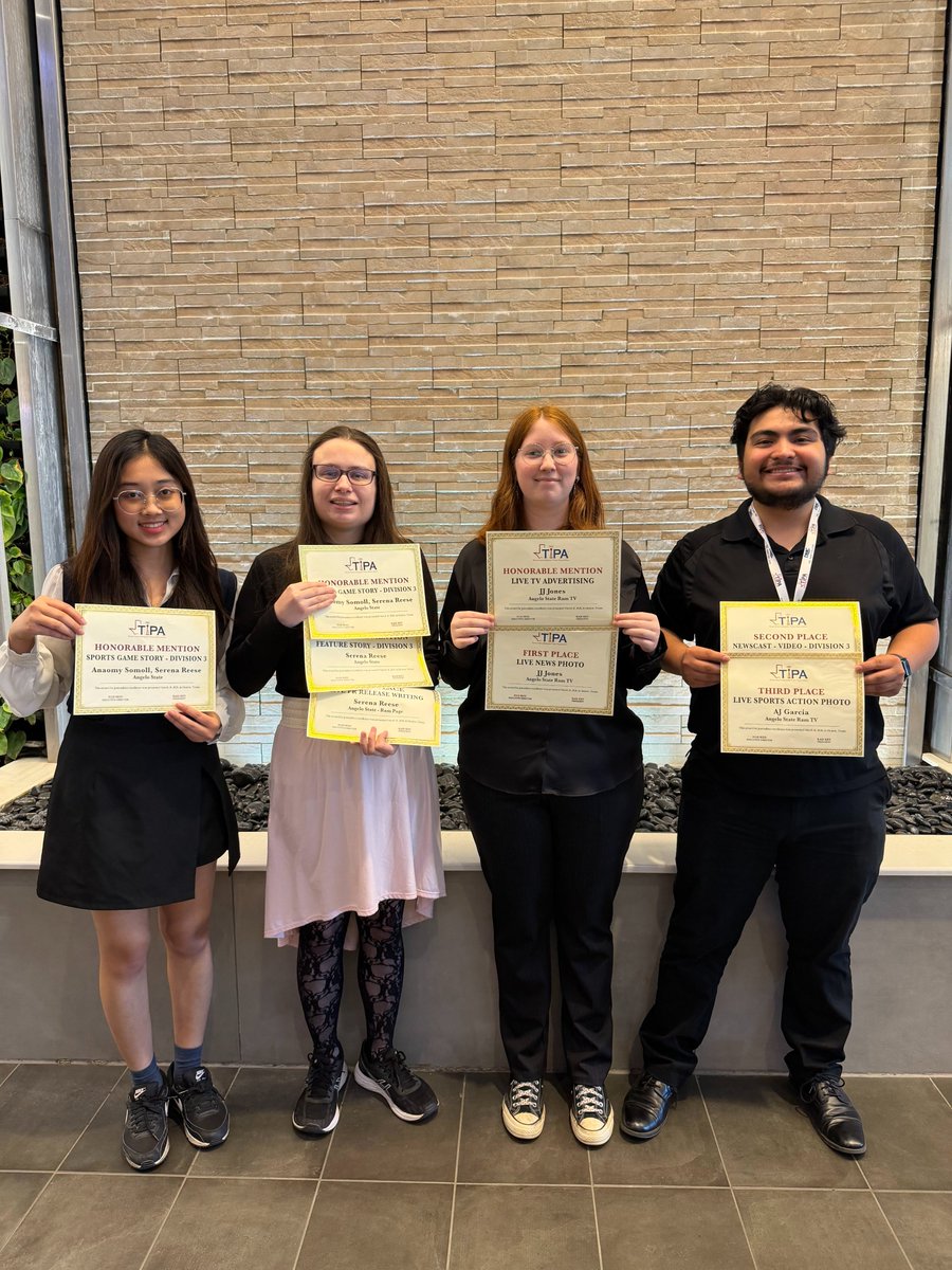 ASURamPage's tweet photo. ASU Ram Media Wins 10 Awards at the 2026 TIPA Convention held in Denton. “It was wonderful,” AJ Garcia, a student from Ram TV, said. 🏆
✍️: Katie Scholl
#RamFam #AngeloState #RamMedia #TIPA2026
Link in bio! https://t.co/N738BaJYnN