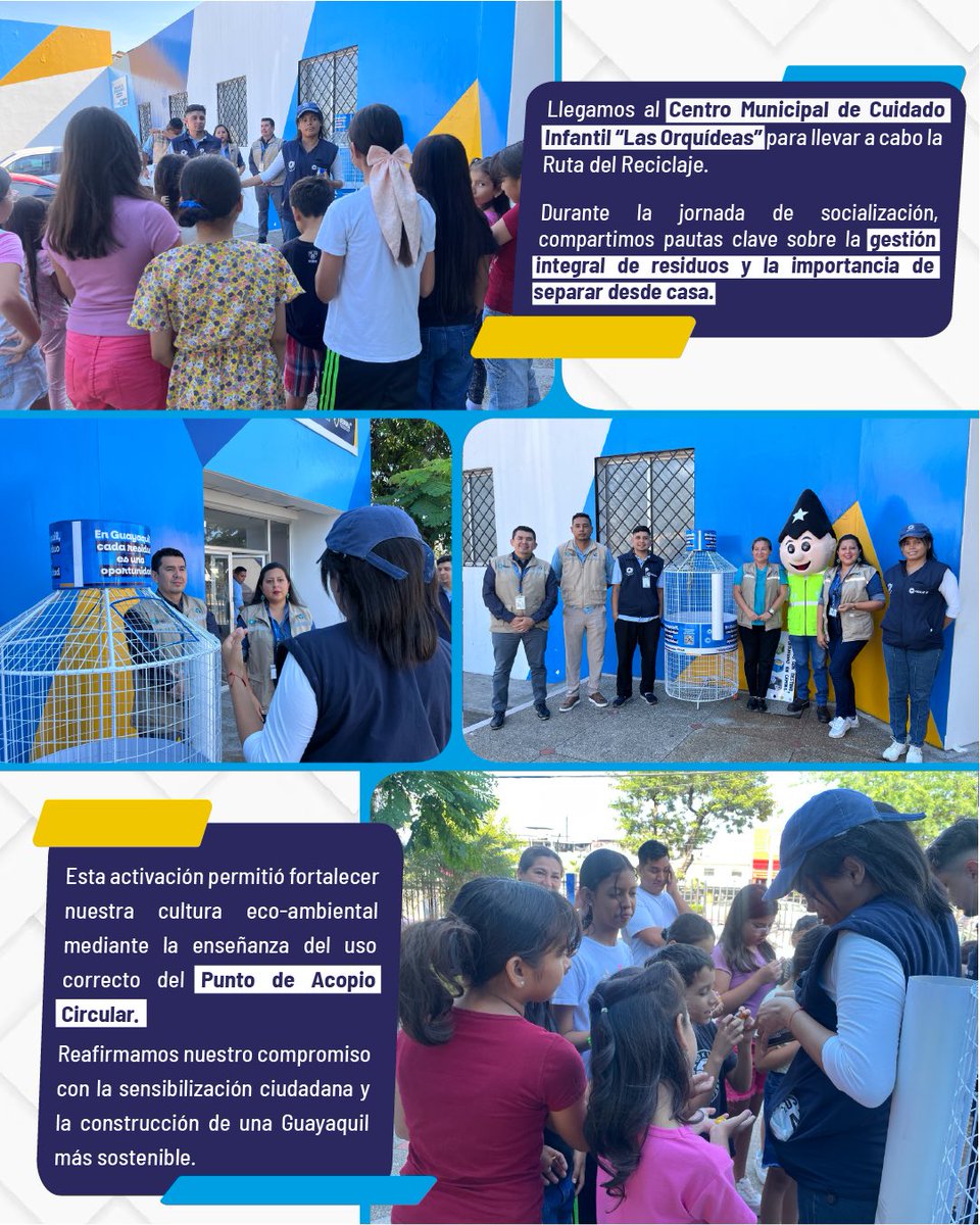 circular_ep's tweet photo. ¡Activamos la #RutaDelReciclaje en el sector de Las Orquídeas! 🍃 

En el Centro Municipal de Cuidado Infantil, conectamos con ciudadanos comprometidos con el futuro de Guayaquil.

🤝♻️¡Pequeñas acciones, grandes cambios! 

Porque #AsiSeHaceGuayaquil la #CiudadDeTodos https://t.co/ibeMnGrZAb