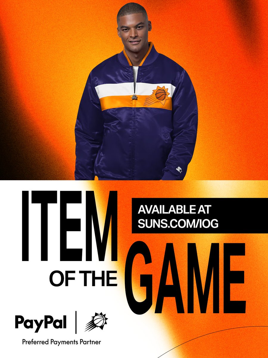 Suns's tweet photo. Add a classic look and feel to your closet with tonight's @PayPal Item of the Game 🧥

🛍️ Shop Here: https://t.co/xP3C0oMYIA https://t.co/Jz8jjc0WUn